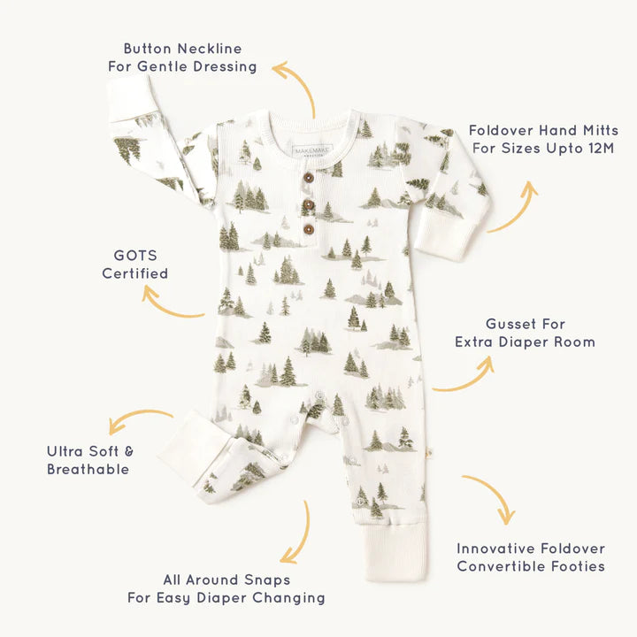 Organic Buttoned Romper - Frosted Fir